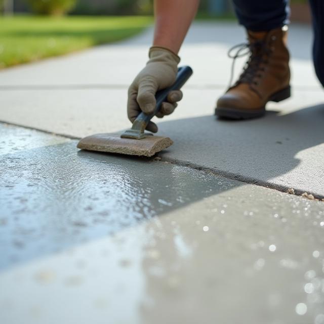 Worker applying concrete sealer